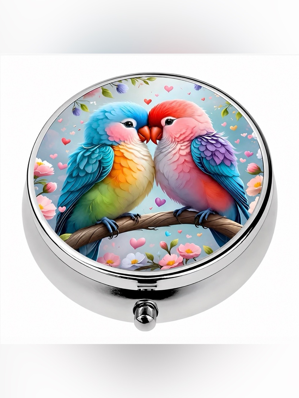 Love Bird Parrot Bird Round Pill Organizer 3-Compartment Compact Pill Case